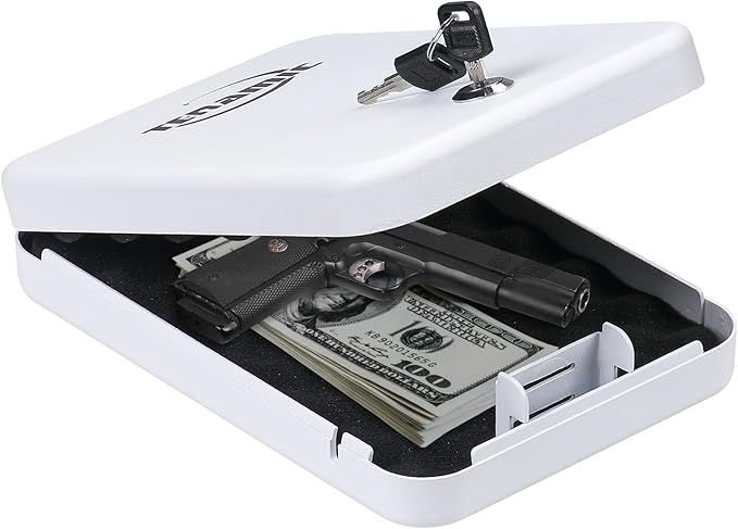 Tenamic Pistol Safe, Portable Travel Gun Safe, Solid Steel Handgun Lock Box for Home, Gun Safes for Car, White