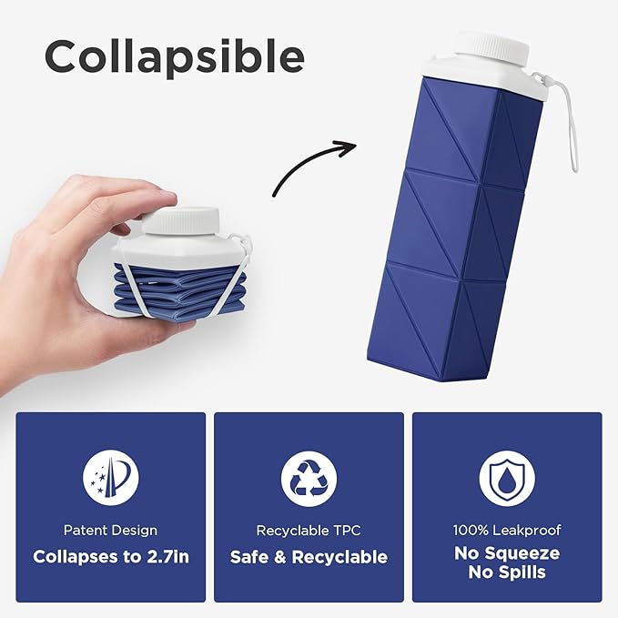 POMKAKA Collapsible Water Bottles 24.3oz(720ml), 2nd Generation Leakproof BPA-Free Travel Water Bottle,Lightweight Reusable Water bottle for Cycling Gym Camping Sports, Deep Ocean Blue