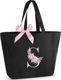 Vavabox Tote Bag, A-Z Initial Monogrammed Waterproof Tote Bag, Bridesmaid Gifts for Women, Black and Pink