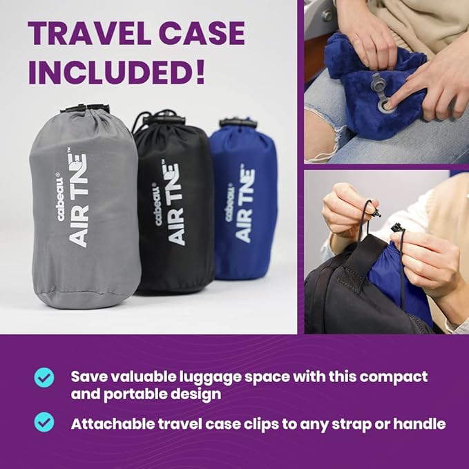 Cabeau Inflatable Travel Pillow – Air TNE – Adjustable, Lightweight, and Supportive for Sleeping on Airplanes, Trains, and Cars– Customized Fit and Compact Carrying Case (Slate Grey)