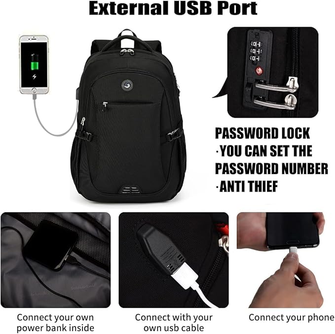 SHRRADOO Anti Theft Laptop Backpack Travel Backpacks with usb Charging Port for Women Men High School College Backpack Computer Bag Fits 17 Inch Laptop,Grey