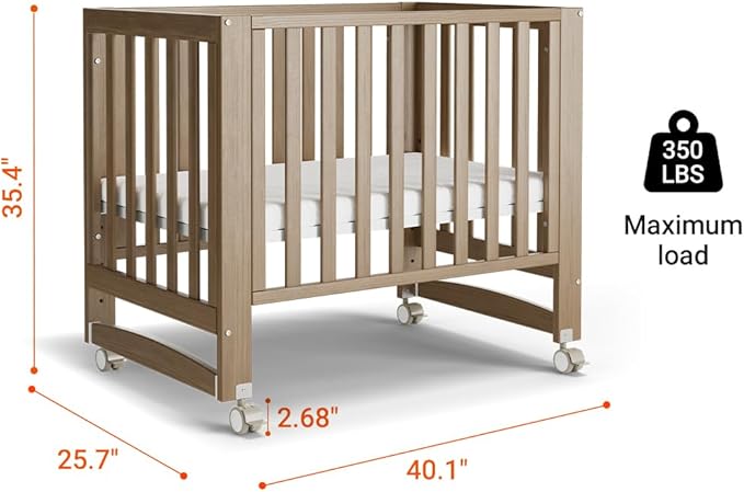 EvoNest Baby Crib, 6 in 1 Convertible Mini Crib with Wheels, 100% New Zealand Wood Growing Bed, 4 Adjustable Mattress Height，Walnut Brown
