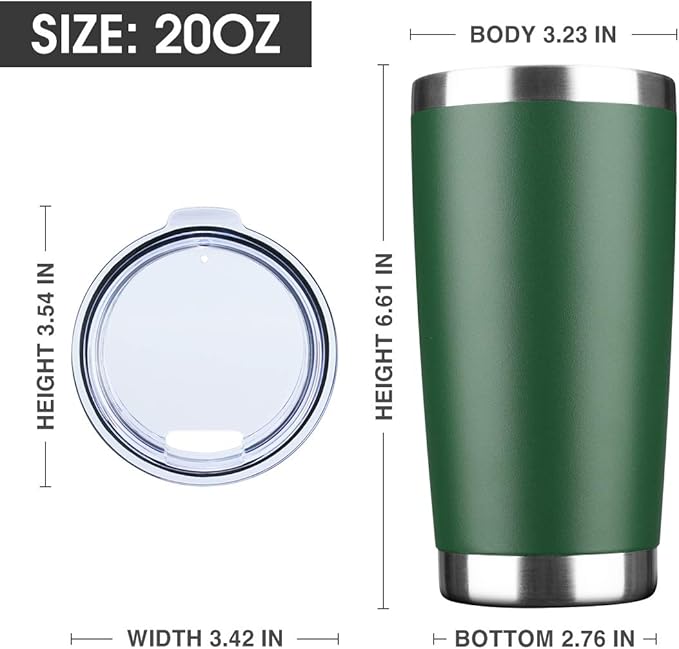 20oz Tumbler Bulk Stainless Steel Vacuum Insulated Tumblers with Lid Double Wall Travel Mug,Powder Coated Coffee Cup, Suitable for Ice Drinks and Hot Beverage (Dark green 12pack)