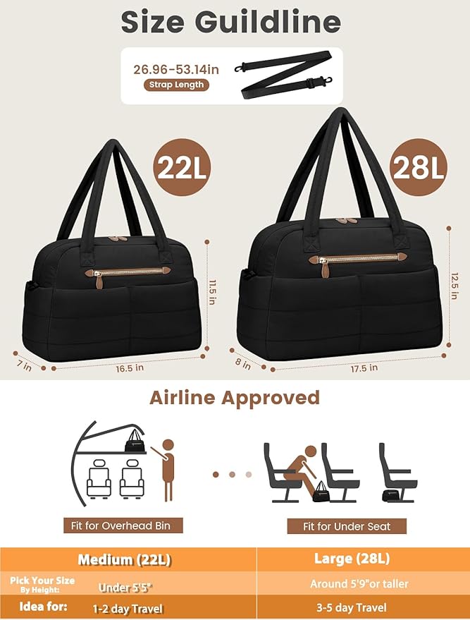 Travel Duffle Bag,Puffer Carry On Duffel Bag with Laptop Compartment Waterproof Overnight Weekender Bags for Women Large Hospital Tote Bags for Labor and Delivery(Large,Black)