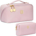 Birthday Gifts for Women Teen Girl, Personalized Initial Makeup Organizer Bag Set, Open Flat Travel Cosmetic Bag With Clear Divider and Handle(Pink,B)