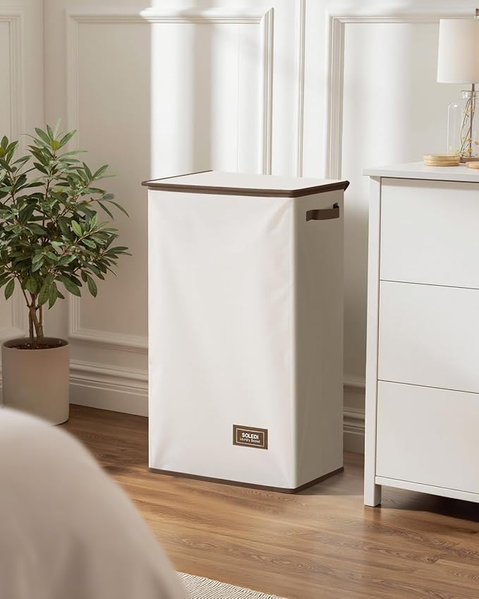 SOLEDI Laundry Hamper with Lid 100L Large & Tall Collapsible Laundry Basket, Clothes Hamper with Bag Removable Easy to Carry, Dirty Hampers for Bedroom, Bathroom, Dorm, College, Off-White