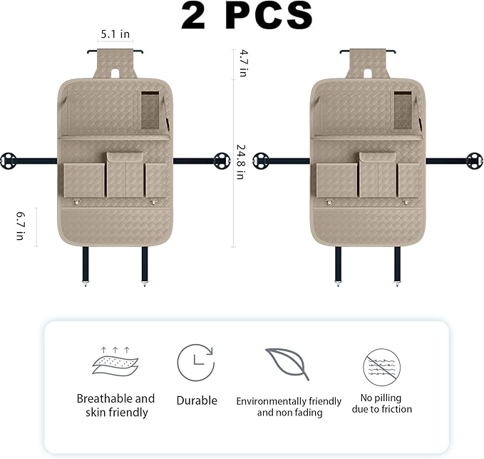 Car Seat Organizers,Multi-functional Back Seat Protectors, Storage Pouches, and Tray Holders (for Cars, Kids, Seat Back and Rear Seats) (Woven Beige, 2 Pcs)
