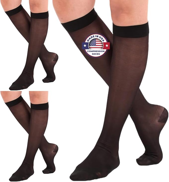 (3 Pairs - Closed Toe) Made in USA - Compression Stockings for Women 15-20mmHg - Sheer Compression Socks for Edema, Pregnancy, Diabetic, Post Surgery Recovery - Black, Small - A101BL1-3