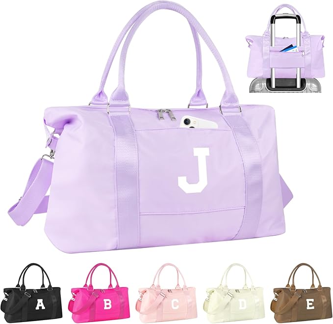 Daughter Niece Gifts for Teen Girl Kids, Initial Travel Duffel Bag Sports Gym Bag Personalized Gifts Weekender Bag，Monogram Overnight Bag Cute Dance Bag Birthday Bridesmaid Gifts for Women(Purple, J)