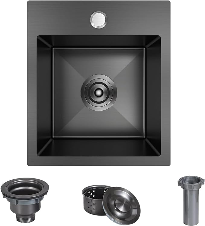 13 x 15 inch Drop in Bar Sink Black, Small Topmount Kitchen Sink Single Bowl 18 Gauge Handmade Wet Bar Sink with Drain