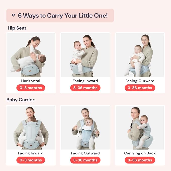 BabbleRoo Grow Carrier – 6-in-1 Baby Carrier with Hip Seat, Ergonomic, Cozy & Adjustable Toddler Carrier 7-50 lbs with Hip & Lumbar Support, Hood for Sun Protection, Newborn to Toddler, Seafoam
