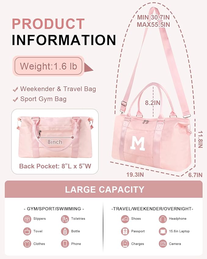 Initial Travel Duffel Bag Sports Gym Bag for Girls Teen Birthday Gifts,Pink Personalized Weekender Bag Carry On Tote Bags for Women Men,Waterproof Overnight Luggage Bag with Trolley Sleeve(Letter M)