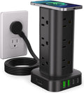Power Strip with Wireless Charger, Flat Plug Surge Protector with 6FT Extension Cord, 12 AC Multiple Outlets, 4 USB (2 USB C), 15W Wireless Charging Power Tower for Home Office Dorm, Black