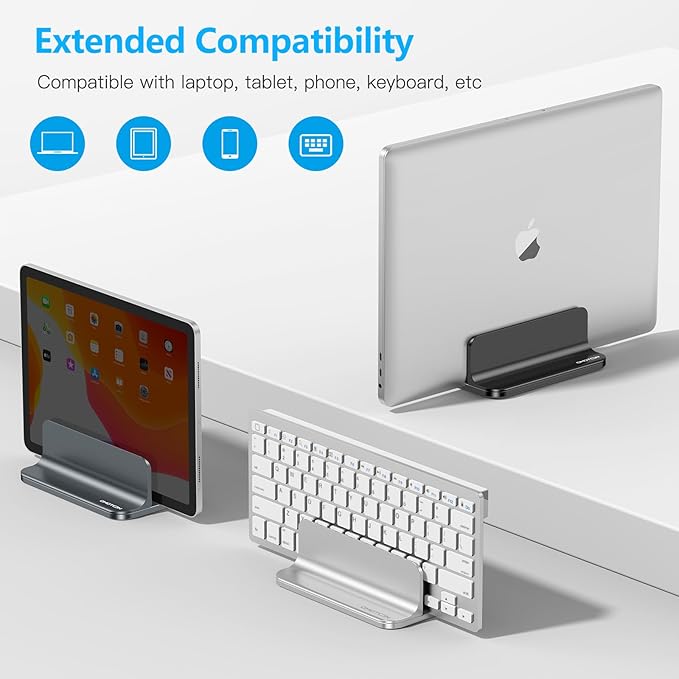 OMOTON Vertical Laptop Stand Holder, Desktop Aluminum MacBook Stand with Adjustable Dock Size, Fits All MacBook, Surface, Chromebook and Gaming Laptops (Up to 17.3 inches), Gray