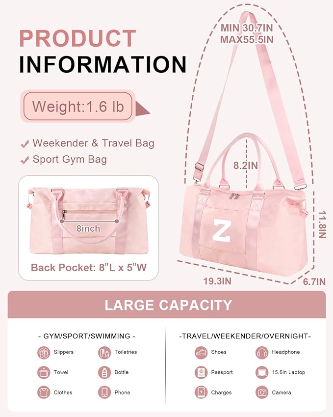 Initial Travel Duffel Bag Sports Gym Bag for Girls Teen Birthday Gifts,Pink Personalized Weekender Bag Carry On Tote Bags for Women Men,Waterproof Overnight Luggage Bag with Trolley Sleeve(Letter Z)