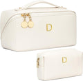 Birthday Gifts for Women Teen Girl, Personalized Initial Makeup Organizer Bag Set, Open Flat Travel Cosmetic Bag With Clear Divider and Handle(Beige,D)