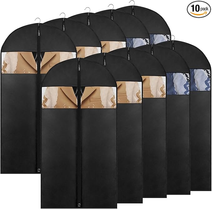 10 Pack - Moucas 43" Black Garment Bag, Mens Suit Bags for Closet Storage and Travel, Garment Bags for Hanging Clothes, Suit Cover Bags with Zipper for Coats, Jackets, Shirts