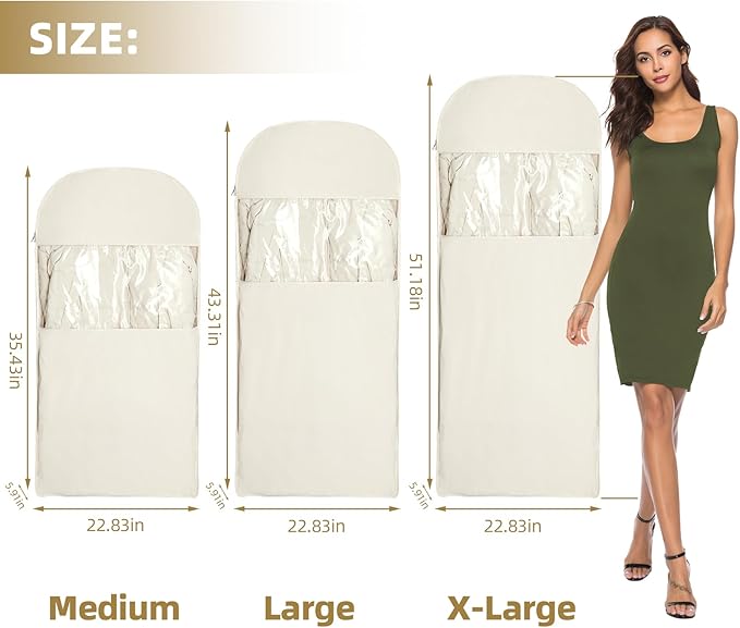2 Packs Space Saving Garment Bag with Self Compression Zipper,Travel Suit Bags for Closet Storage, Hanging Garment Bag for Coats, Down Jackets (Large, Beige)