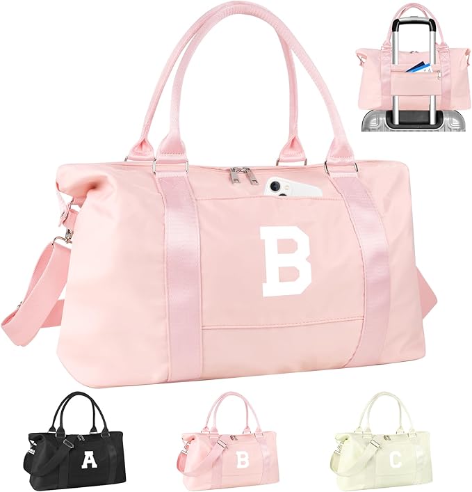 Initial Travel Duffel Bag Sports Gym Bag for Girls Teen Birthday Gifts,Pink Personalized Weekender Bag Carry On Tote Bags for Women Men,Waterproof Overnight Luggage Bag with Trolley Sleeve(Letter B)