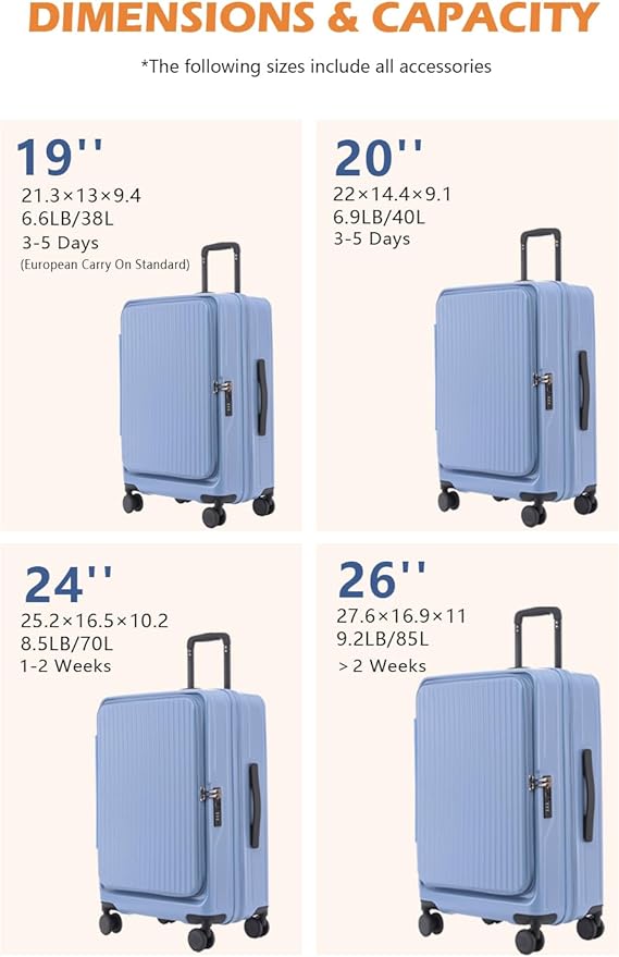 HotWay 19 Inch Expandable Carry On Luggage with Cup Holder, Hardside TSA Approved Luggage with Spinner Wheels, Top Opening Suitcase For Travel, Blue