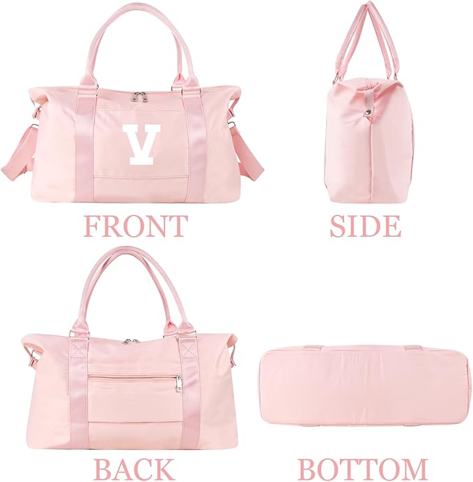 Initial Travel Duffel Bag Sports Gym Bag for Girls Teen Birthday Gifts,Pink Personalized Weekender Bag Carry On Tote Bags for Women Men,Waterproof Overnight Luggage Bag with Trolley Sleeve(Letter V)