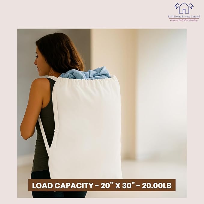 LFH Home Cotton Canvas Large Laundry Bag with Handle, Heavy Duty Drawstring Closure Washable Laundry Bags, School Travel, Home, Hotel, College Dorm, Organizer Sack, Toy Clothes 24x36 (Pack of 2)-White