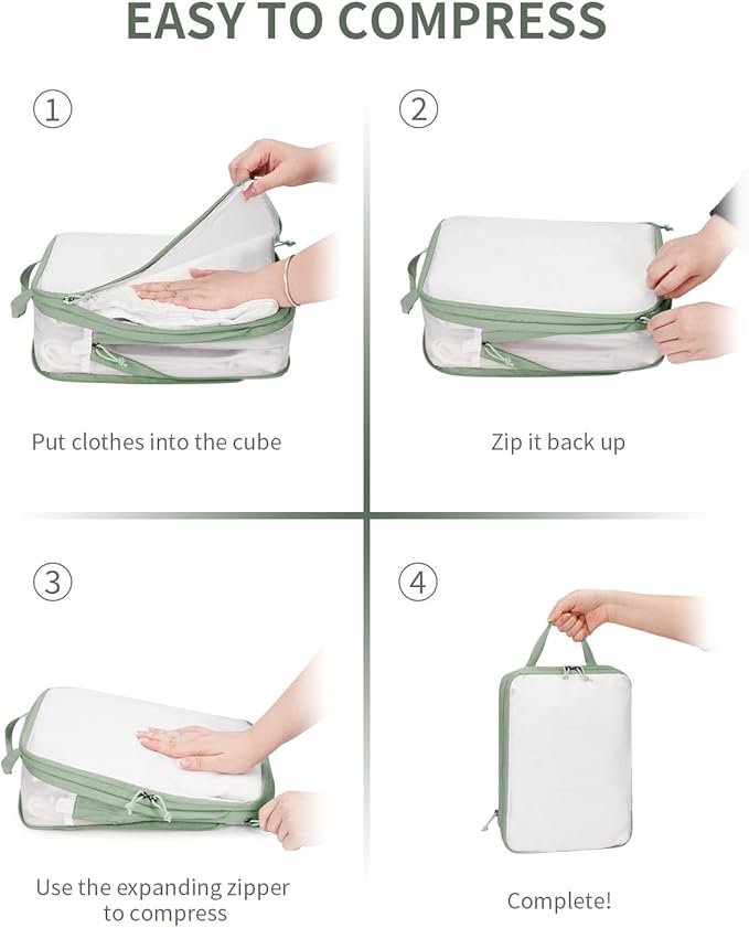 ECOHUB 6 Set Compression Packing Cubes, Lightweight Vacation Travel Essentials, Durable Travel Accessories for Suitcase Carry On Luggage Organizer Bags Set with YKK Zippers Shoe Bag, Green