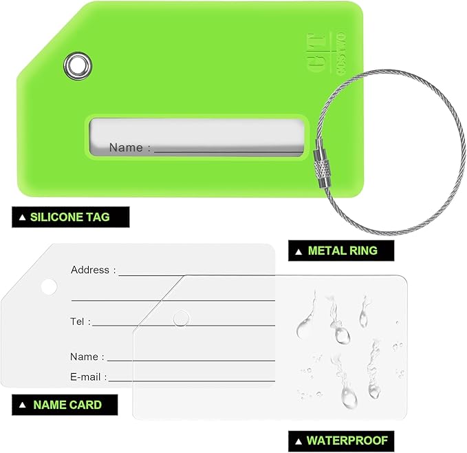 8 Pcs Luggage Tags for Suitcases, 26 Initial Letter Travel Luggage Baggage Identification Labels ID Tags Fully Bendable Tags with Stainless Steel Loop (Letter A, Green)