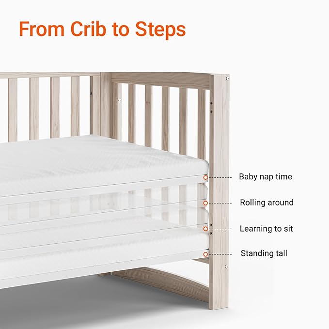 EvoNest Baby Crib, 6 in 1 Convertible Mini Crib with Wheels, 100% New Zealand Wood Growing Bed, 4 Adjustable Mattress Height, Wahsed Natural (Beige)