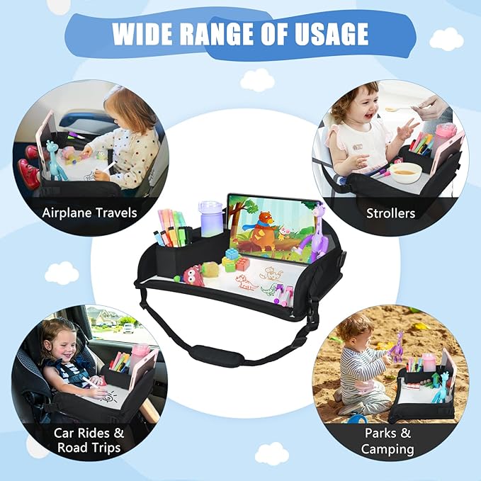 Upgraded Kids Travel Tray for Airplane - Toddler Car Seat Table Tray, Road Trip Essentials for Boys & Girls, Carseat Lap Desk for Kids Road Trip Activities, Black
