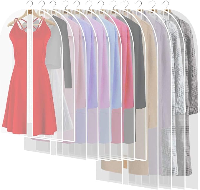 12 Pack Breathable Clothes Covers with Zip, Waterproof Dustproof Garment Covers Bags Dress Bag Covers Damp-proof Mens Suit Storage Bag for Wardrobe Storage and Travel(White)