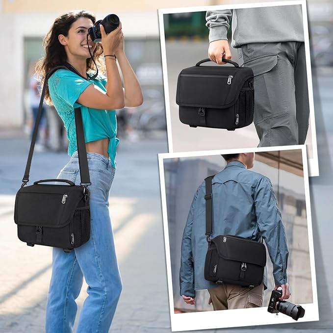 RAINSMORE Camera Bag, DSLR/SLR/Mirrorless Camera Case with Tripod Holder Waterproof Camera Sling Bag Crossbody Camera Bags for Photographers with Rain Cover for Canon/Nikon/Sony/Fuji, Black
