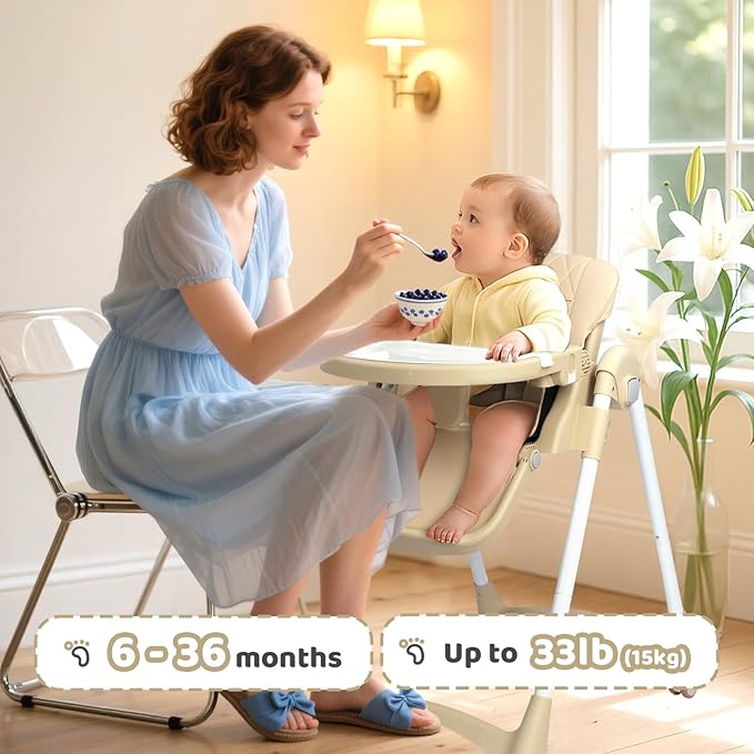 JOYMOR Foldable Baby High Chair, 4 in 1 Convertible Highchair for Eating, Height Adjustble and Multiple Recline, Compact Foldable Design for Easy Storage (Beige)