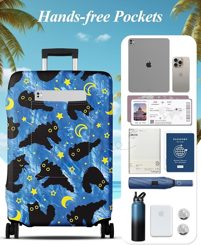 Slohif Luggage Cover for Suitcase Tsa Approved Protector - Luggage Sleeve Large Suit Case Cover Travel Stretch Baggage Case Protective Washable Fit 31-32 Inch Black Cat XL