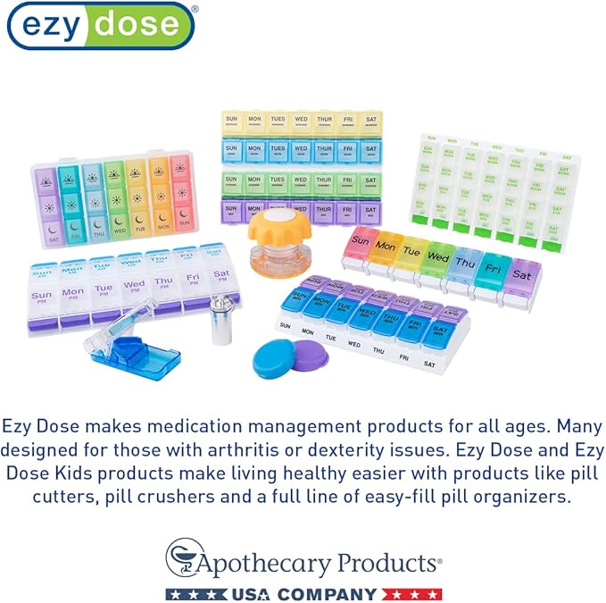 EZY DOSE Weekly (7-Day) Pill Case, Daily Medicine Planner, Vitamin Organizer Container, Large Push Button Compartments, Easy to Use, 3 Times a Day, Spring Open Design, Rainbow Lids, BPA Free