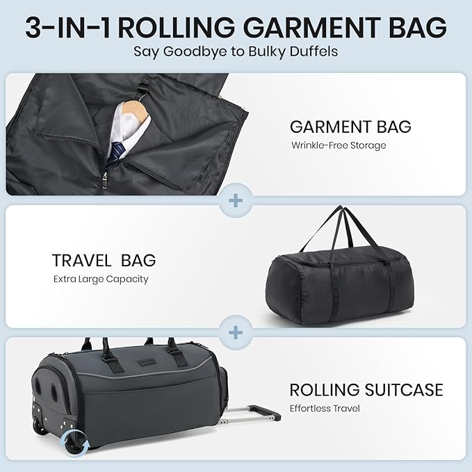 Fanwoli 3-in-1 Rolling Garment Bag for Travel, Wheeled Carry-On Luggage with Shoe Storage & Detachable Organizer, Wrinkle-Free Compartment for Suits/Dresses/Wedding Gowns, Fits Most Airline Size