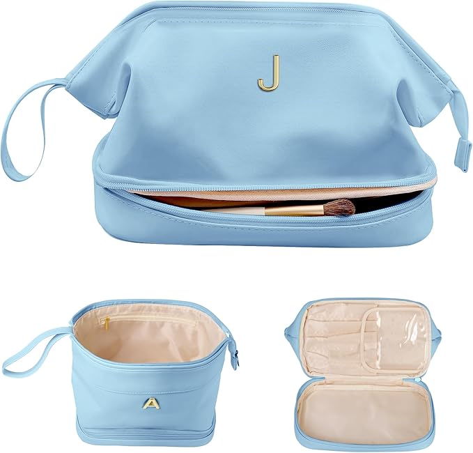 Makeup Bag for Women, Personalized Double Layer Cosmetic Bag with Makeup Brush Organizer, Waterproof, Large Capacity PU Leather Travel Toiletry Bag Gift Gift for Mom，Personalized Gifts