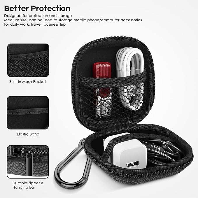Earbud Case Hard EVA Earphone Carrying Case Cell Phone Accessories Storage Bag with Carabiner for Airpods Headset Earphone Flash Drive Charging Cable Key Wall Charger USB Adapter Cable (Black 1Pack)