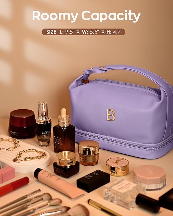 Makeup Bag with Handle, Waterproof Double Layer Cosmetic Bag, Large Capacity PU Leather Makeup Bags Letter Travel Toiletry Bag with Makeup Brush Organizer