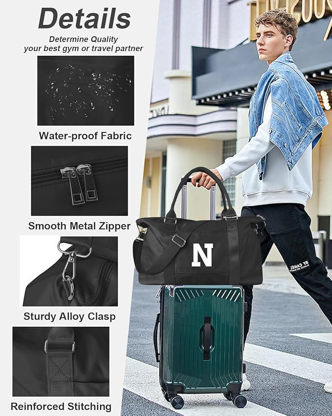 Initial Travel Duffel Bag Sports Gym Bag for Boys Teen Birthday Gifts,Black Personalized Weekender Bag Carry On Tote Bags for Men,Waterproof Overnight Luggage Bag Airplane Travel Essentials(Letter N)