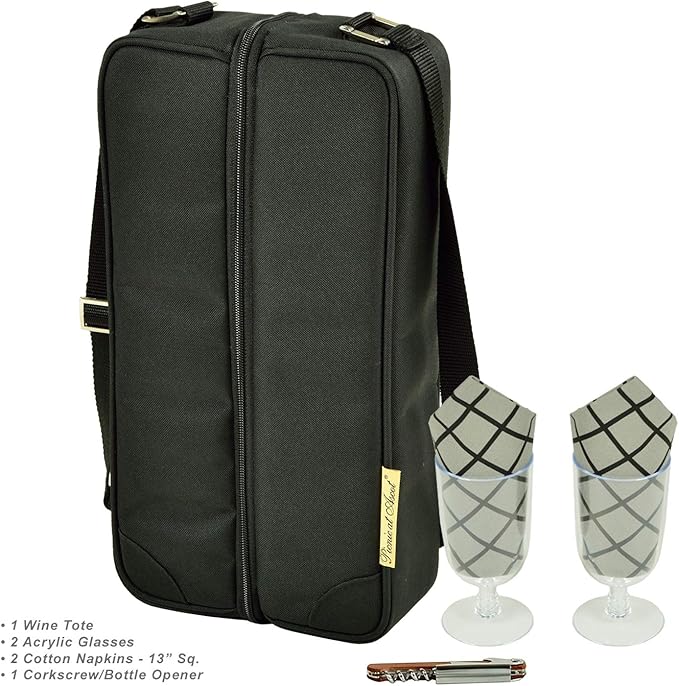 Picnic at Ascot Insulated Wine Tote with 2 Wine Glasses, Napkins and Corkscrew -Designed & Assembled in the USA