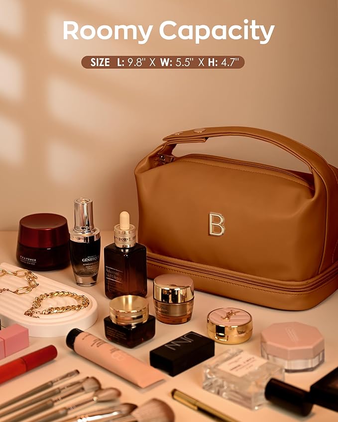 Teenage Girls Gifts Ideas, Personalized Makeup Bag with Handle, Initial Double Layer Cosmetic Bag with Makeup Brush Organizer, Cute Cosmetic Pouch for Women, Gifts for Friends Female Mom
