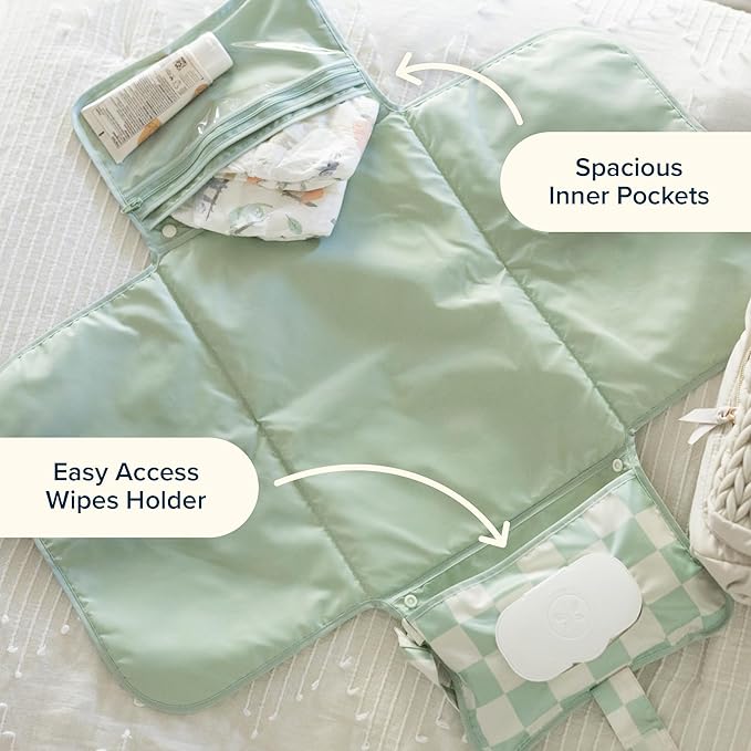 Tiny Twinkle Portable Diaper Changing Pad-Foldable Waterproof Changing Mat&Portable Changing Pad for Travel,Baby Changing Station with Smart Wipes Pocket&Storage (Black Checkers)