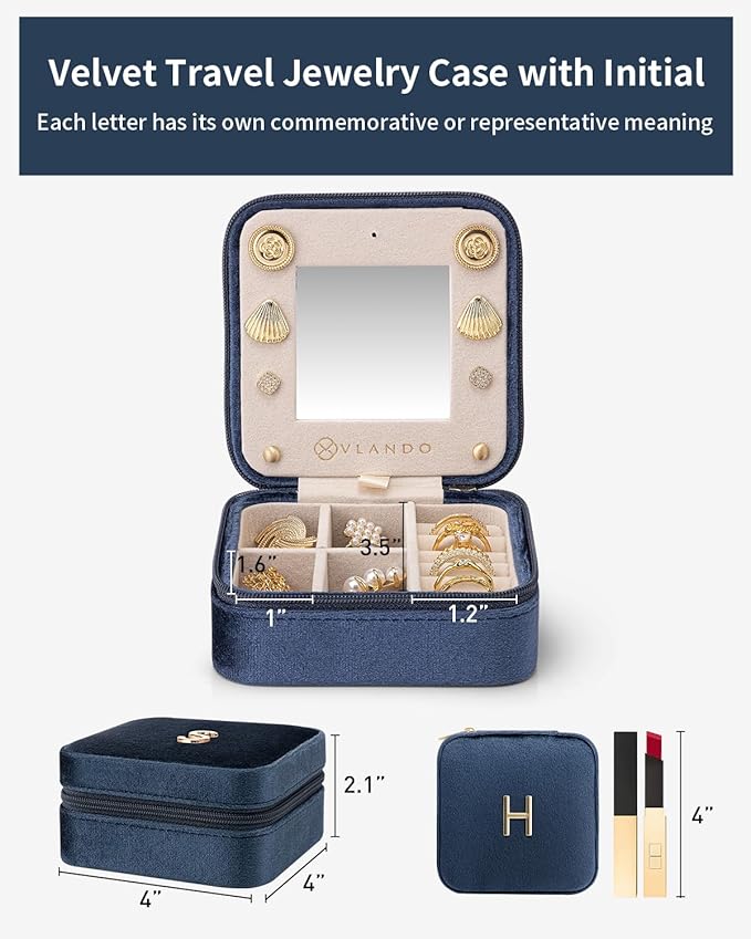 Vlando Jewelry Case for Girls Womens Fashion, Pink Jewelry Box Travel Must Haves, Jewelry Box for Girls, Small Travel Jewelry Case Birthday Gifts for Travel Gifts for Women - Letter H, Dark Blue