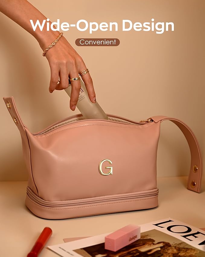 Makeup Bag Personalized Bags with Handle, Waterproof Double Layer Cosmetic Bag, Large Capacity PU Leather Makeup Bags Letter Travel Toiletry Bag with Makeup Brush Organizer