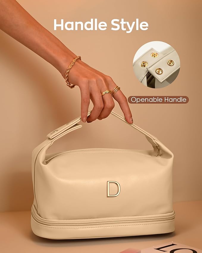 Personalized Friend Gifts, Initial Large Makeup Bag, Personalized Double Layer Cosmetic Bag with Makeup Brush Organizer, Waterproof, Large Capacity PU Leather Toiletry Bag，Teacher Gifts