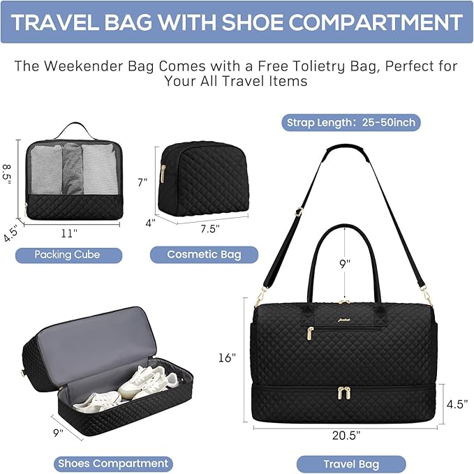 Travel Weekender Duffle Bag for Women - Overnight Bag with Shoe Compartment Carry on Bag with Toiletry Bag Gym Duffel Bag with Wet Pocket Hospital Bags for Labor and Delivery 3 Pcs Set Black