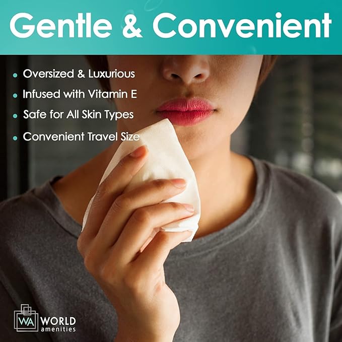 World Amenities - Bulk Makeup Remover Wipes | 500 Count| Individually Wrapped, Gentle Cleansing, Alcohol Free - All Skin Types - Vitamin E - 100% Recyclable, Hotel Travel Size Toiletries