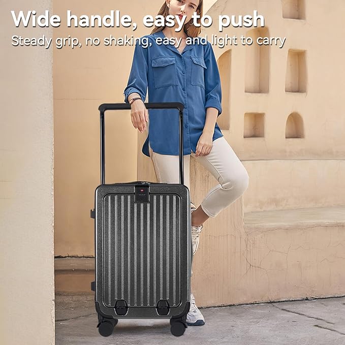 SOKOK Front Pocket Luggage with Spinner Wheels, 24'' Wide Handle Travel Suitcase PC Hardshell Multifunctional Luggage with Charging Port and Cup Holder, Graphite