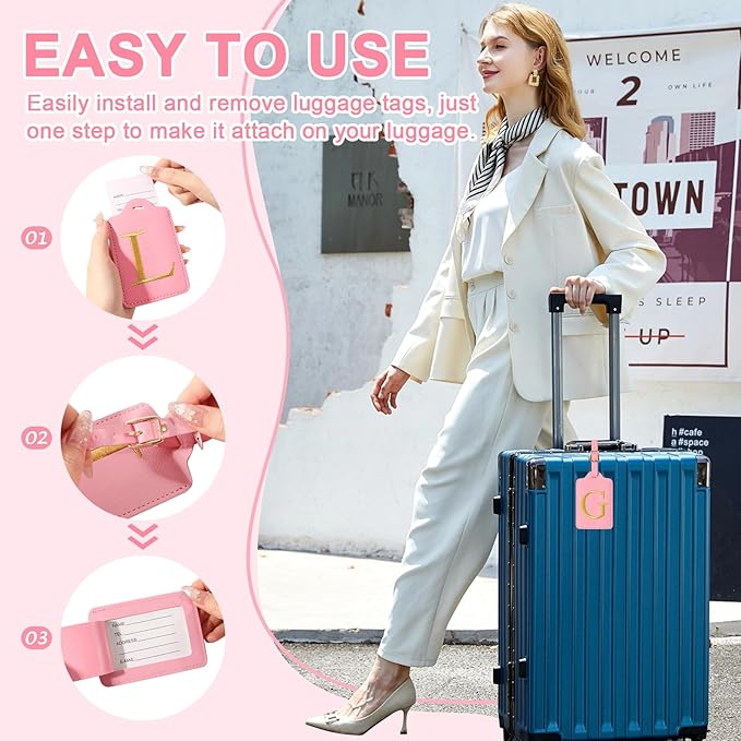 Personalized Initial Luggage Tags for Suitcase, Pink Leather Cute Luggage Tags with Privacy Cover Name Card, Embroidered Custom Monogrammed Luggage Tag Travel Bag Baggage Tags Gifts for Women Kids(G)